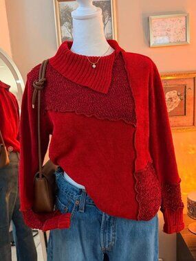 Bella Red Asymmetrical Patchwork Knit Sweater🍓